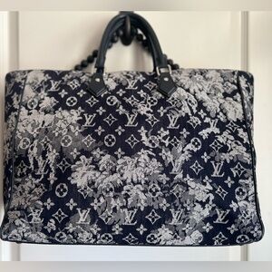 Louis Vuitton Monogram Grand Sac Tote Bag Blue Denim Tapestry Floral Large Purse